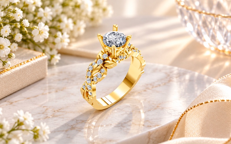 Nhẫn cầu hôn R218 thiết kế dây leo và cành lá quấn quanh thân nhẫn