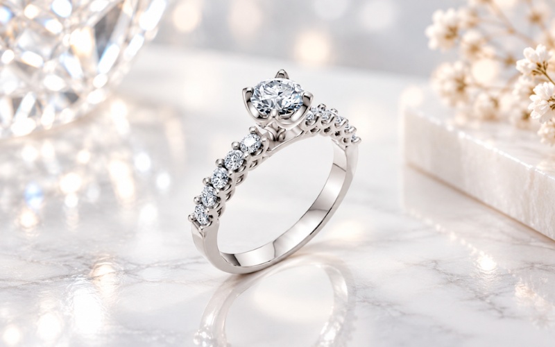Nhẫn cầu hôn R258 Solitaire đá tròn, đai đá tấm tinh tế
