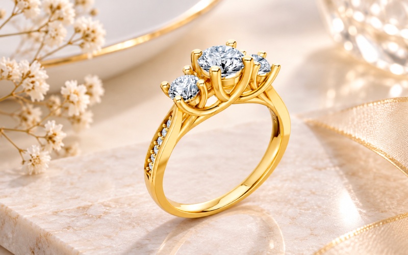 Nhẫn cầu hôn R314 thiết kế ba viên đá cổ điển, tinh xảo