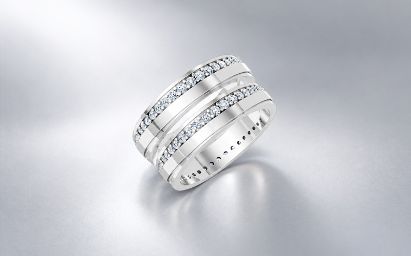 Nhẫn cưới E427 đai to bản, nạm đá viền Milgrain sang trọng