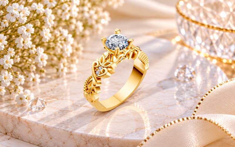 Nhẫn cầu hôn R220 Vintage họa tiết cành lá xen kẽ