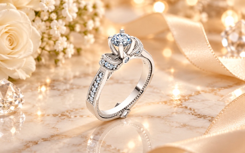 Nhẫn cầu hôn R255 Vintage với chi tiết milgrain tinh xảo