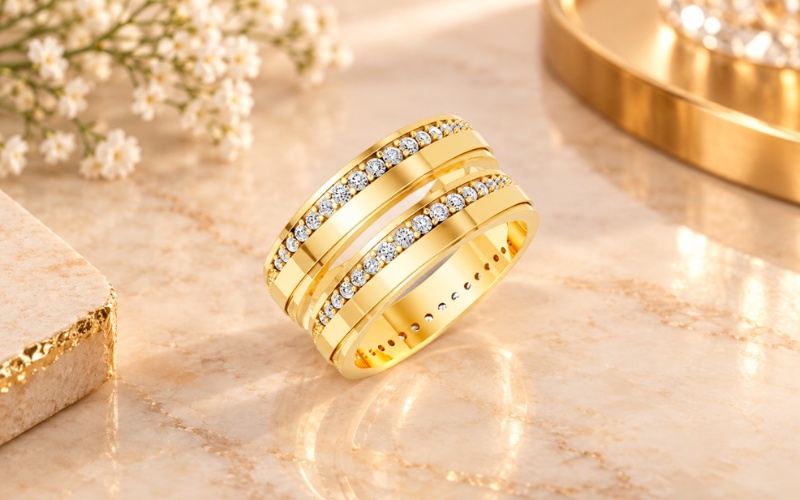 Nhẫn cưới E427 đính Pave hàng kim cương tấm nổi bật
