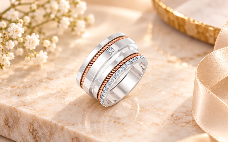 Nhẫn cưới E813 họa tiết dây thừng và đá tấm độc đáo