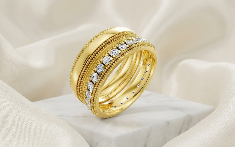 Nhẫn cưới F99 thiết kế Milgrain cổ điển và đính đá tấm sang trọng