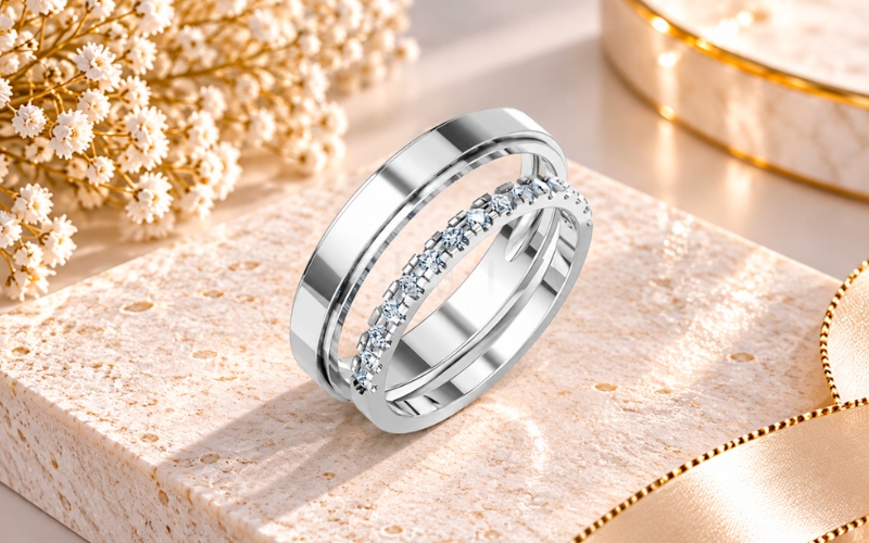 Nhẫn cưới A244 nam vát cạnh, nữ đính đá lấp lánh