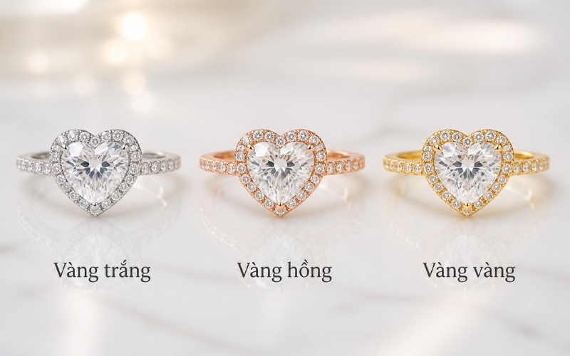 So sánh nhẫn kim cương trái tim vàng trắng, vàng hồng và vàng vàng